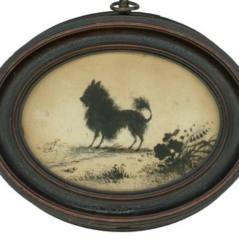 A painted silhouette of a little dog in a landscape