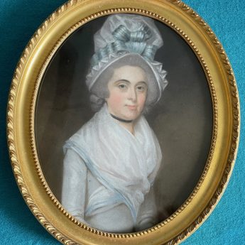 Pastel portrait of a lady in a beehive hat, circa 1770